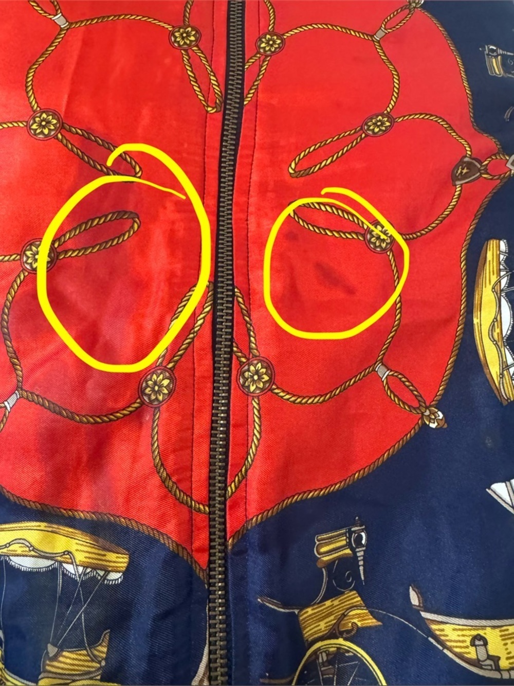 Vintage Angela Tong Bomber Jacket Equestrian Scarf Print Red Navy Retro M *READ* - Picture 7 of 13